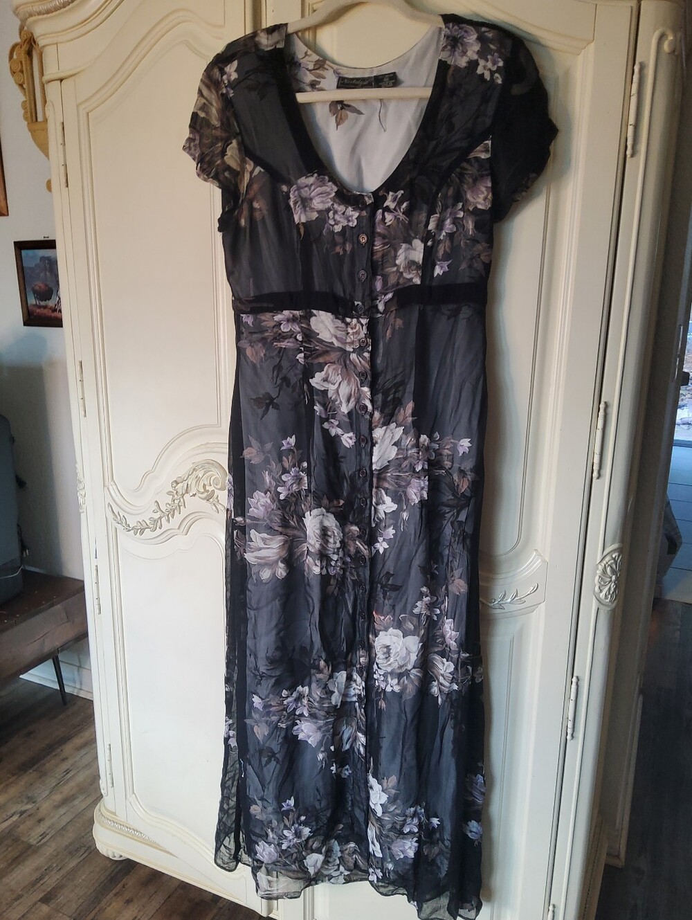 90s Indian Rayon Nostalgia Cabbage Rose Sheer Button Front Dress